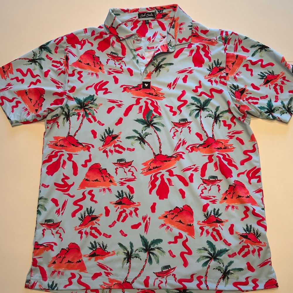 XL Bad Birdie Vibrant Red and Green Polo Shirt